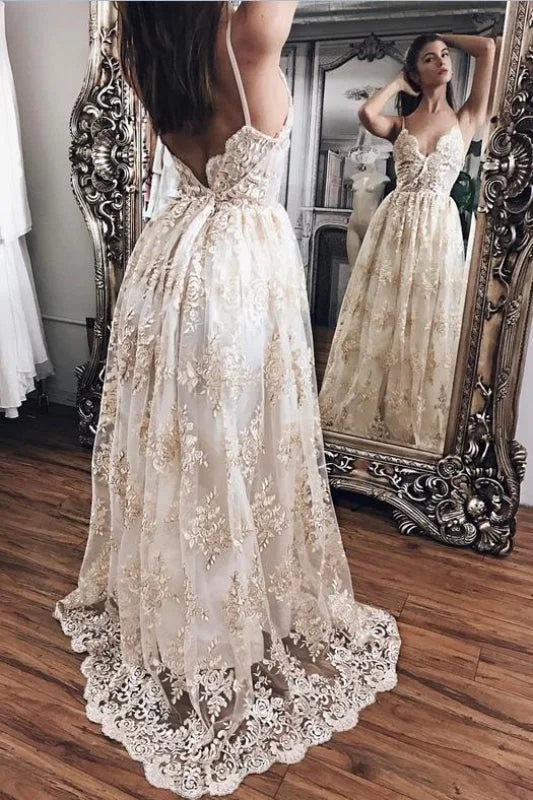 Dainty Chiffon Dress Spaghetti Straps Backless Lace Beach Wedding Dresses
