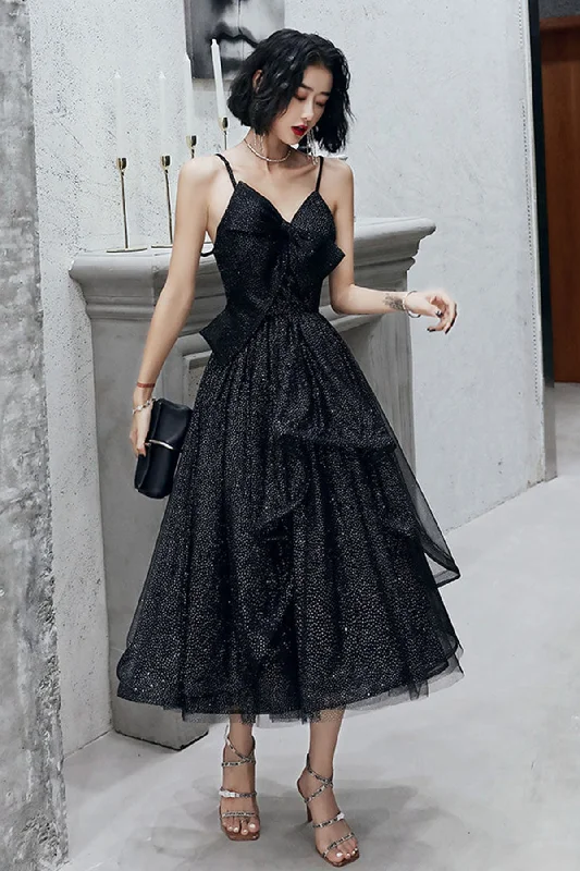 Ruched Satin Dress Shiny Black Tulle V Neck Open Back Tea Length Prom Dresses, Black Homecoming Dresses, Long Formal Evening Dresses WT1041 Ruched Satin Dress Shiny Black Tulle V Neck Open Back Tea Length Prom Dresses, Black Homecoming Dresses, Long Formal Evening Dresses WT1041