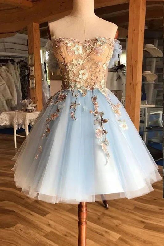 Unique Formal Dress Short Blue Tulle Prom Dresses with Lace Appliques, Blue Lace Homecoming Dresses, Short Blue Formal Dresses Unique Formal Dress Short Blue Tulle Prom Dresses with Lace Appliques, Blue Lace Homecoming Dresses, Short Blue Formal Dresses