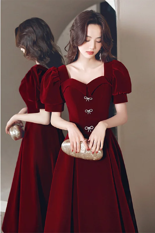 Mermaid Cut Dress Short Sleeves Burgundy Velvet Tea Length Prom Homecoming Dresses, Burgundy Velvet Formal Graduation Evening Dresses Mermaid Cut Dress Short Sleeves Burgundy Velvet Tea Length Prom Homecoming Dresses, Burgundy Velvet Formal Graduation Evening Dresses