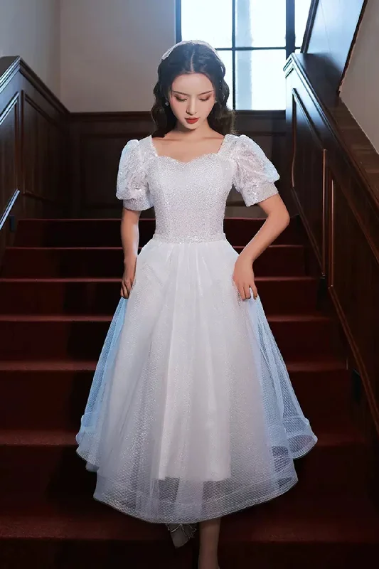 Statement Prom Dress Short Sleeves Shiny Tulle White Prom Dresses, Shiny White Homecoming Dresses, Short White Formal Graduation Evening Dresses WT1002 Statement Prom Dress Short Sleeves Shiny Tulle White Prom Dresses, Shiny White Homecoming Dresses, Short White Formal Graduation Evening Dresses WT1002