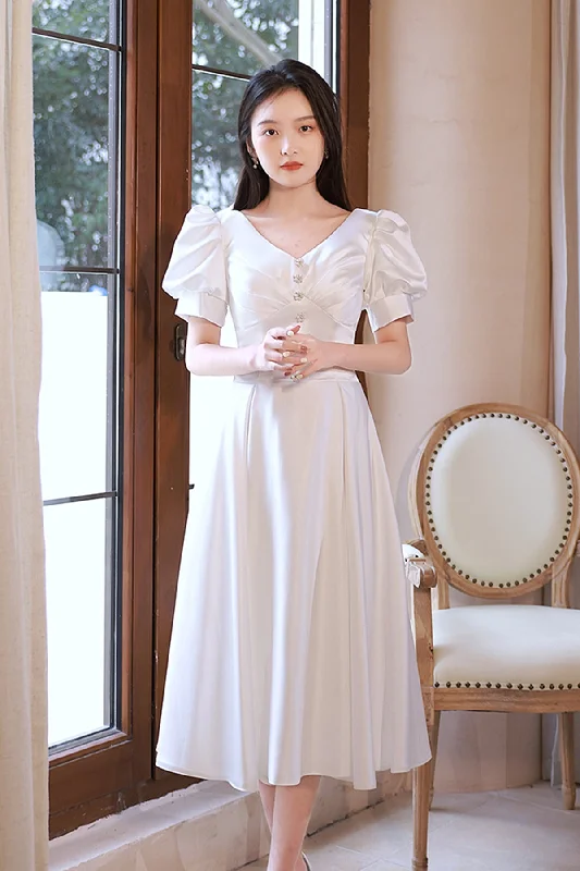 Fancy Beaded Gown Short Sleeves V Neck White Satin Short Prom Dresses, V Neck White Homecoming Dresses, White Formal Graduation Evening Dresses