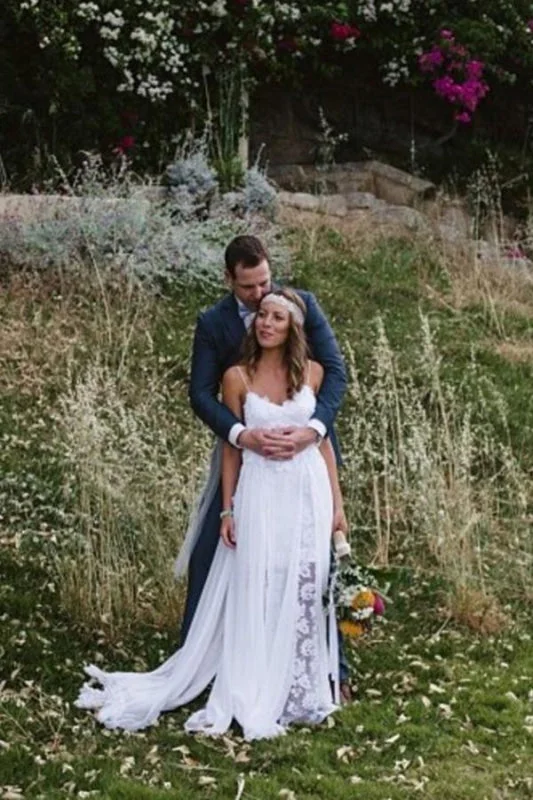 Elegant Tulle Gown Casual Boho Spaghetti Straps Lace Beach Wedding Dress