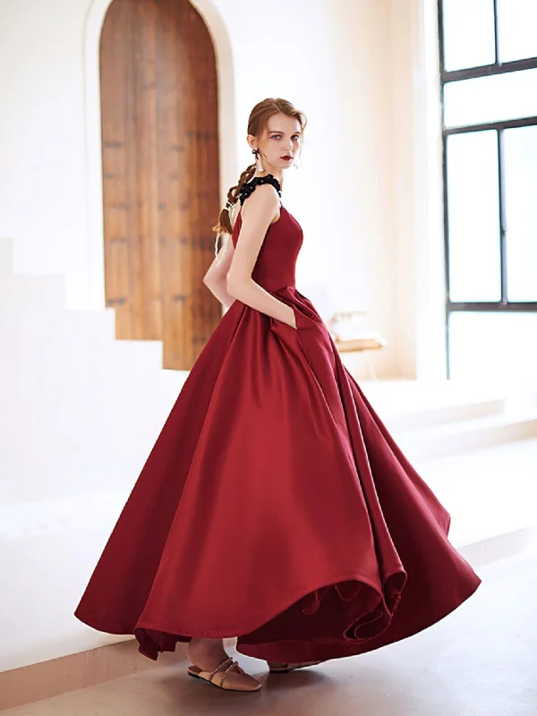 Dramatic Ball Gown Simple Burgundy Satin Long Prom Dress, Burgundy Evening Dresses Dramatic Ball Gown Simple Burgundy Satin Long Prom Dress, Burgundy Evening Dresses