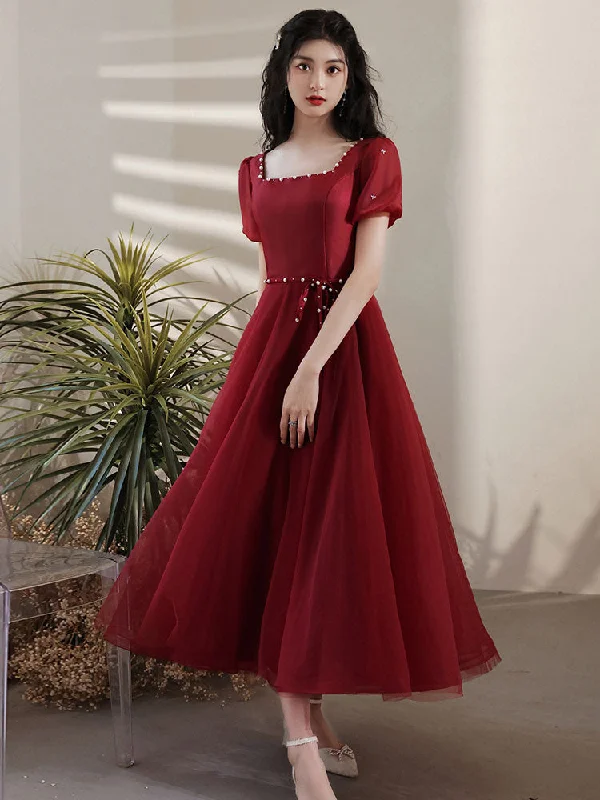 Stunning Silk Gown Simple Tea Length Burgundy Prom Dress, Burgundy Graduation Dresses