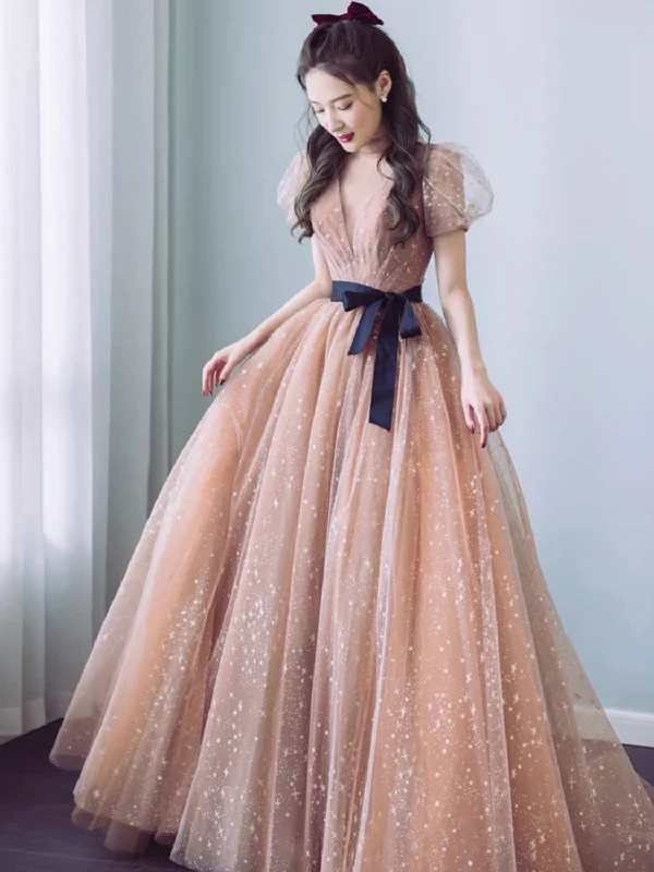 Lace Overlay Dress Simple Champagne V Neck Tulle Long Prom Dress, Champagne Evening Dresses Lace Overlay Dress Simple Champagne V Neck Tulle Long Prom Dress, Champagne Evening Dresses