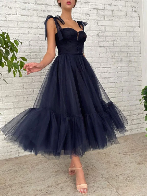 Floor-Length Satin Dress Simple dark blue tulle prom dress, blue tulle formal dress