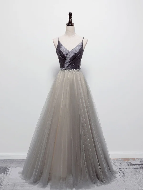 Elegant Organza Dress Simple Gray V Neck Tulle Long Prom Dress, Gray A line Gray Formal Dresses Elegant Organza Dress Simple Gray V Neck Tulle Long Prom Dress, Gray A line Gray Formal Dresses