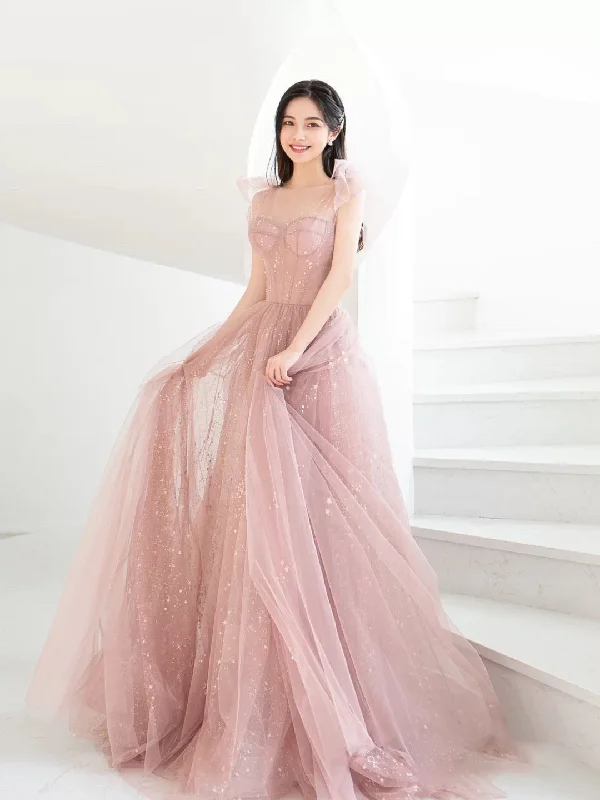 Fancy Evening Dress Simple Pink A Line Tulle Long Prom Dress, Pink Tulle Formal Dress