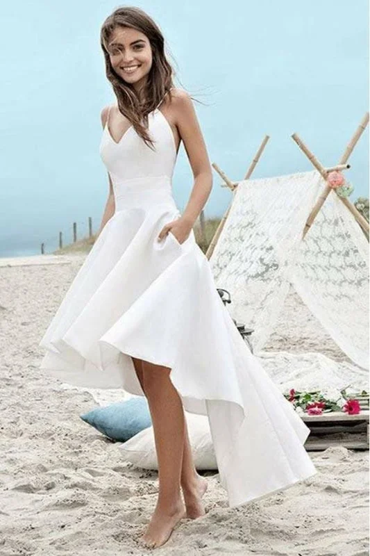 Sheer Panel Dress Simple Spaghetti Straps V-neck High Low Short Prom Beach Wedding Dress Sheer Panel Dress Simple Spaghetti Straps V-neck High Low Short Prom Beach Wedding Dress