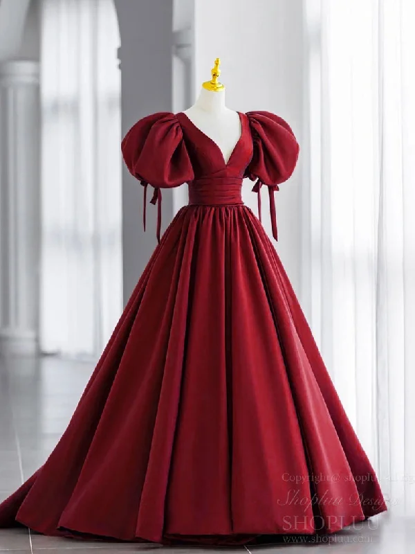Applique Gown Simple V Neck Puffy Sleeves Satin Long Prom Dress, Satin Evening Dress Applique Gown Simple V Neck Puffy Sleeves Satin Long Prom Dress, Satin Evening Dress