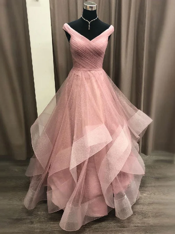 Navy Blue Gown Simple V Neck Tulle Long Pink Prom Dress, Pink Tulle Formal Dresses Navy Blue Gown Simple V Neck Tulle Long Pink Prom Dress, Pink Tulle Formal Dresses