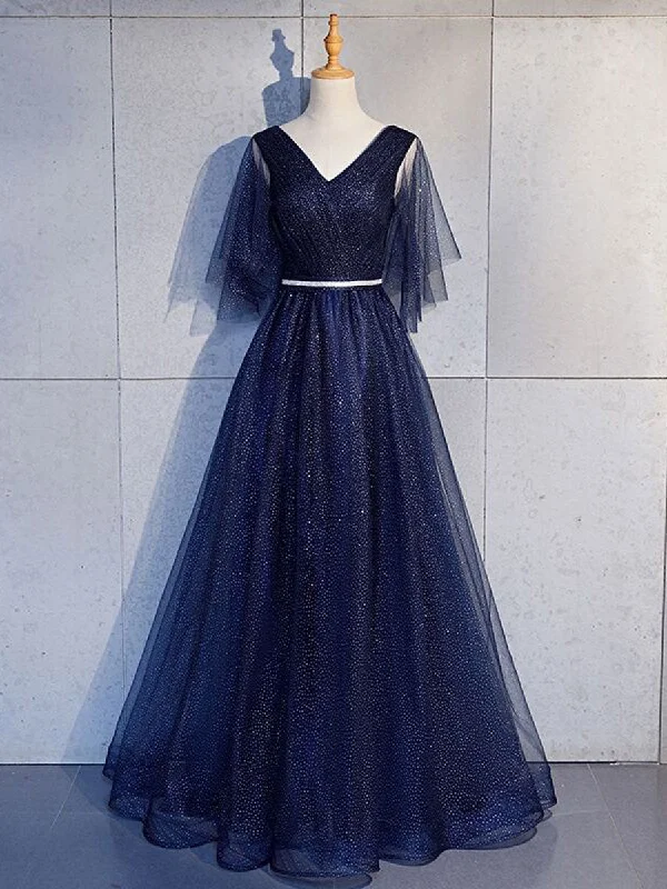 Romantic Soft Satin Dress Simple V Neck Tulle Sequin Long Prom Dress, A line Tulle Evening Dresses Romantic Soft Satin Dress Simple V Neck Tulle Sequin Long Prom Dress, A line Tulle Evening Dresses