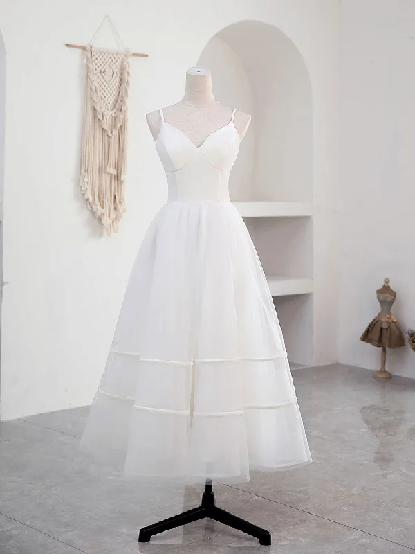Ethereal Formal Gown Simple V Neck Tulle Tea Length White Prom Dress, White Bridesmaid Dress Ethereal Formal Gown Simple V Neck Tulle Tea Length White Prom Dress, White Bridesmaid Dress