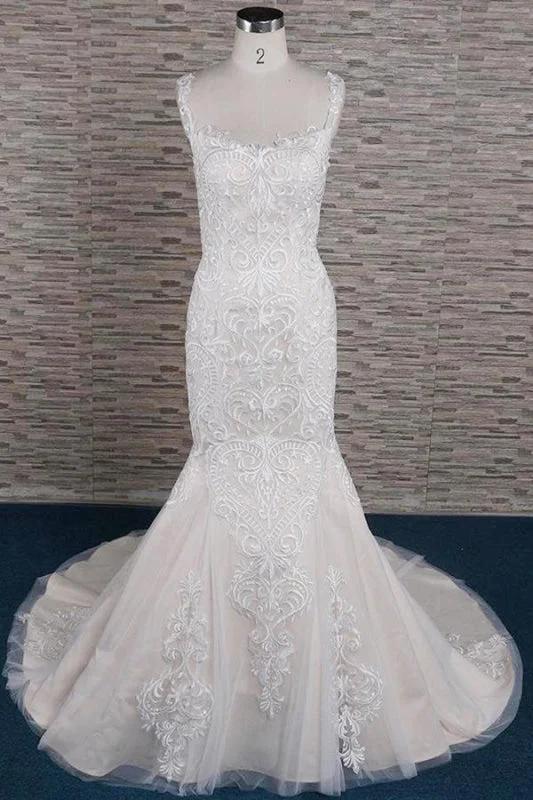 Showstopper Dress Sleek Square Neck Appliques Mermaid Wedding Dress