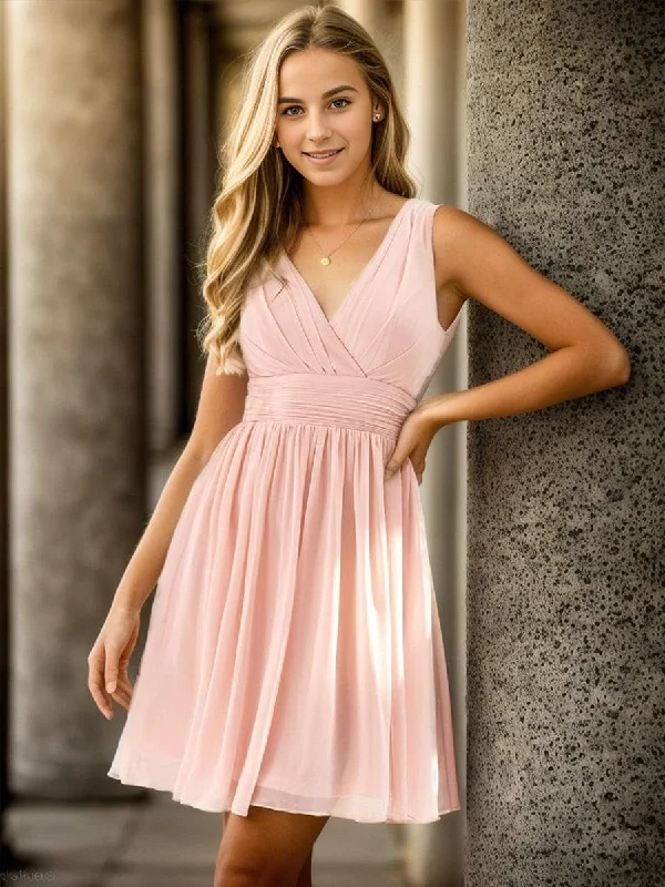 Ruched Satin Dress Women Sleeveless V Neck Short Bridesmaid Dress