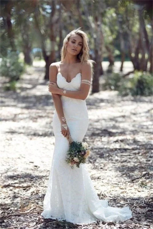 Chic Formal Gown Spaghetti Strap Lace Beach Backless V Neck Sweep Train Long Wedding Dress Chic Formal Gown Spaghetti Strap Lace Beach Backless V Neck Sweep Train Long Wedding Dress