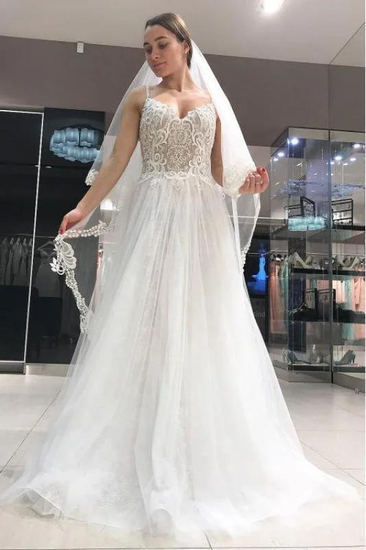 Luxe Embroidered Gown Spaghetti Strap Long Tulle with Lace Simple Backless Beach Wedding Dress Luxe Embroidered Gown Spaghetti Strap Long Tulle with Lace Simple Backless Beach Wedding Dress