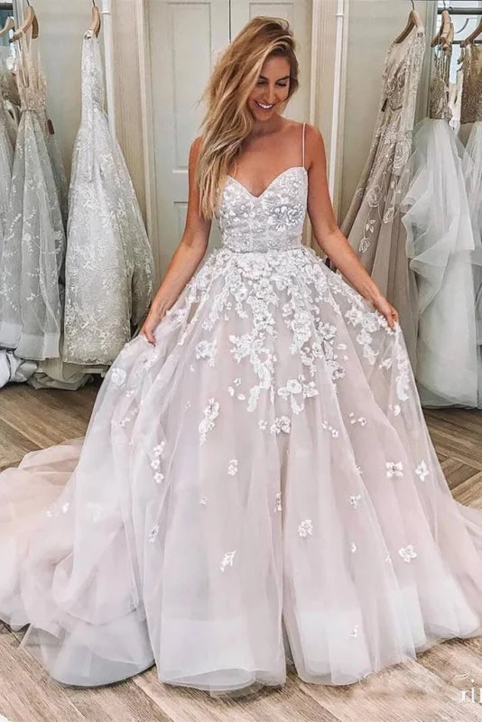 Ruched Satin Dress Spaghetti Strap Sleeveless Lace Applique Puffy Long Wedding Dress Ruched Satin Dress Spaghetti Strap Sleeveless Lace Applique Puffy Long Wedding Dress
