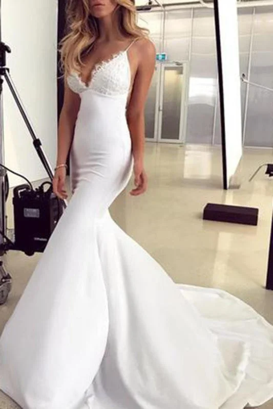 Satin Draped Gown Spaghetti Straps Mermaid Lace Appliques Sexy Backless Wedding Dress Satin Draped Gown Spaghetti Straps Mermaid Lace Appliques Sexy Backless Wedding Dress