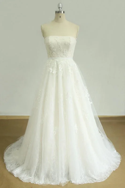 Draped Formal Dress Strapless Appliques Tulle A-line Wedding Dress