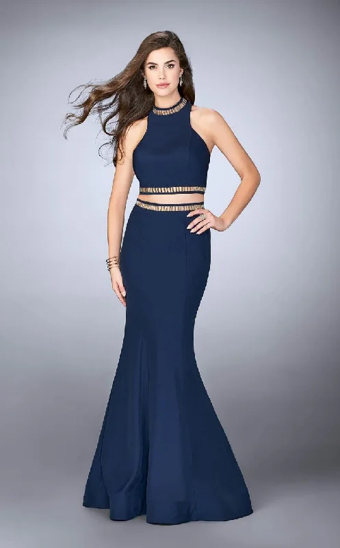 Glittering Evening Gown La Femme - 23932 Two Piece Halterneck Crop Top and Mermaid Skirt Prom Dress Glittering Evening Gown La Femme - 23932 Two Piece Halterneck Crop Top and Mermaid Skirt Prom Dress