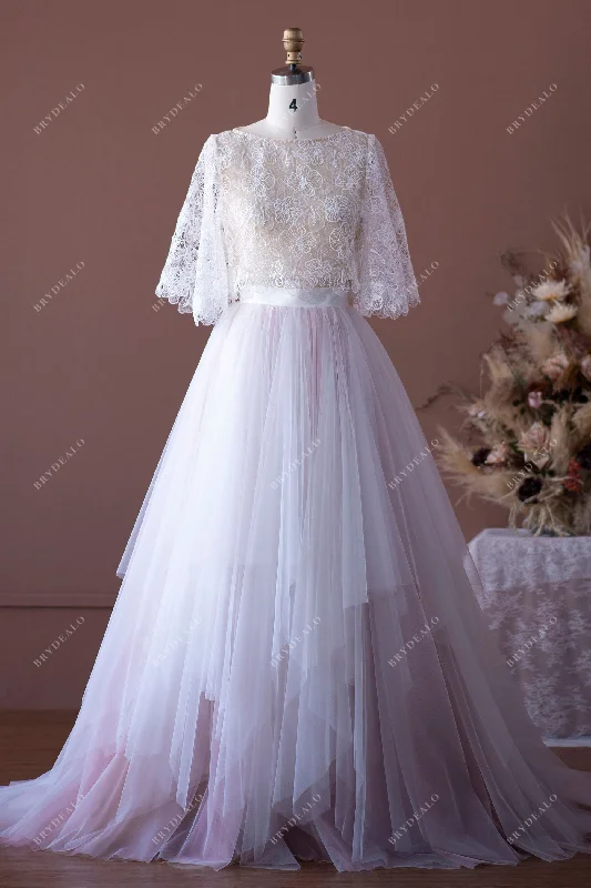 Charcoal Gray Gown Two-Piece Flower Lace Tulle Sheer Flutter Sleeve Casual Informal Wedding Dress Charcoal Gray Gown Two-Piece Flower Lace Tulle Sheer Flutter Sleeve Casual Informal Wedding Dress