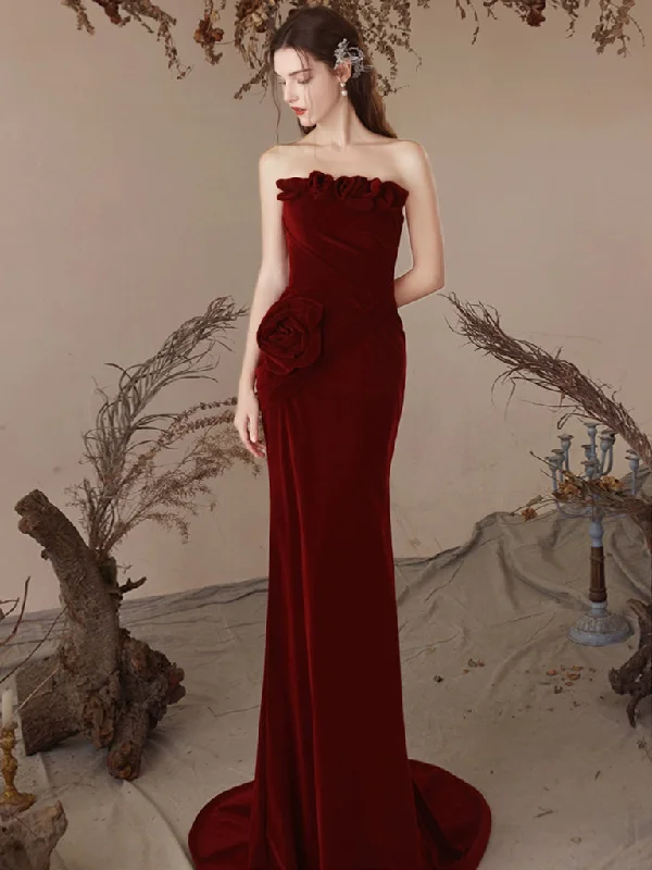 Applique Gown Unique Mermaid Velvet Burgundy Long Prom Dress, Burgundy Evening Dress Applique Gown Unique Mermaid Velvet Burgundy Long Prom Dress, Burgundy Evening Dress