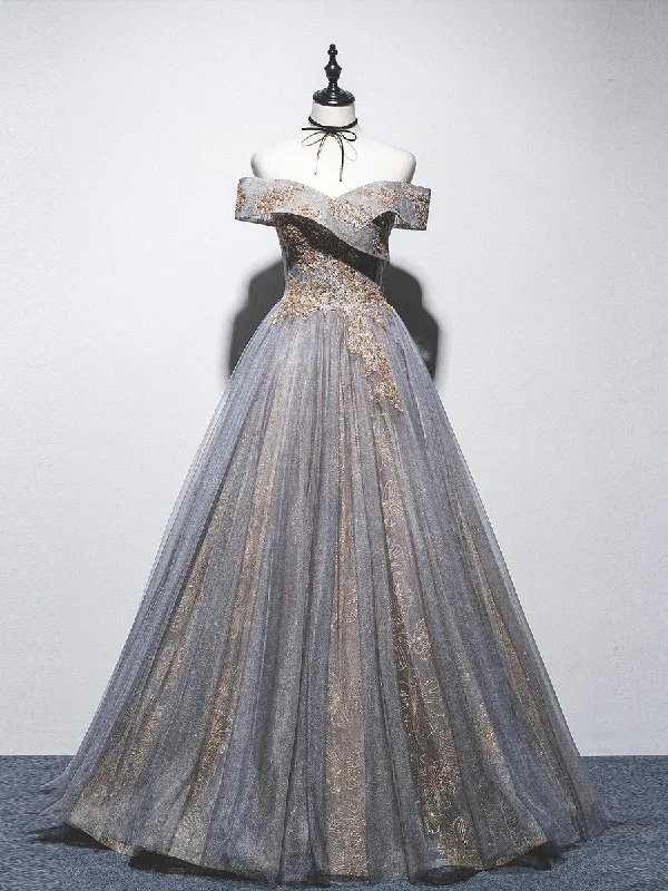 Burgundy Maxi Dress Unique Off Shoulder Tulle Long Gray Prom Dress, A line Tulle Lace Evening Dress