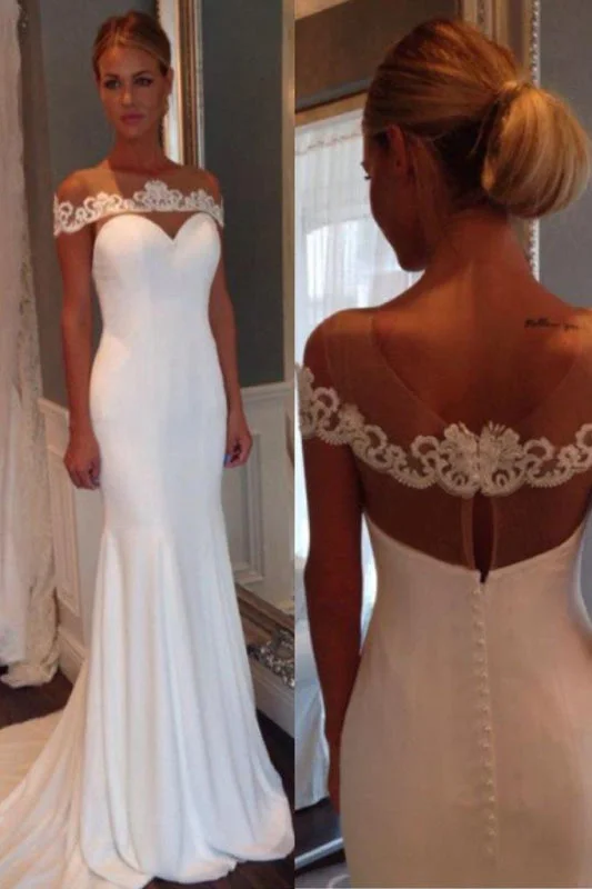 Statement Chiffon Dress Unique Sheer Neck Lace Mermaid Wedding Dress