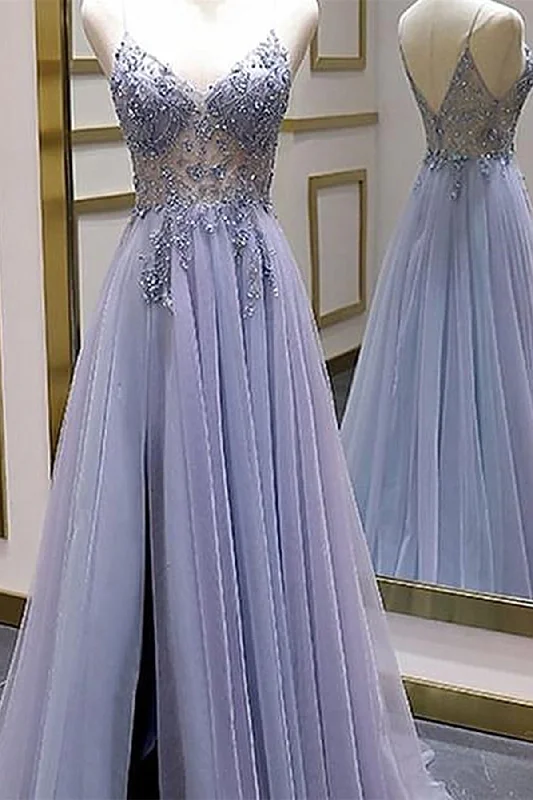 Elegant Organza Dress V Neck Blue Long Prom Dresses, Blue Long Beaded Formal Homecoming Dresses
