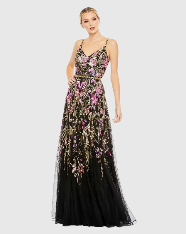Sweetheart Neckline Dress V Neck Floral Embellished Spaghetti Strap Gown