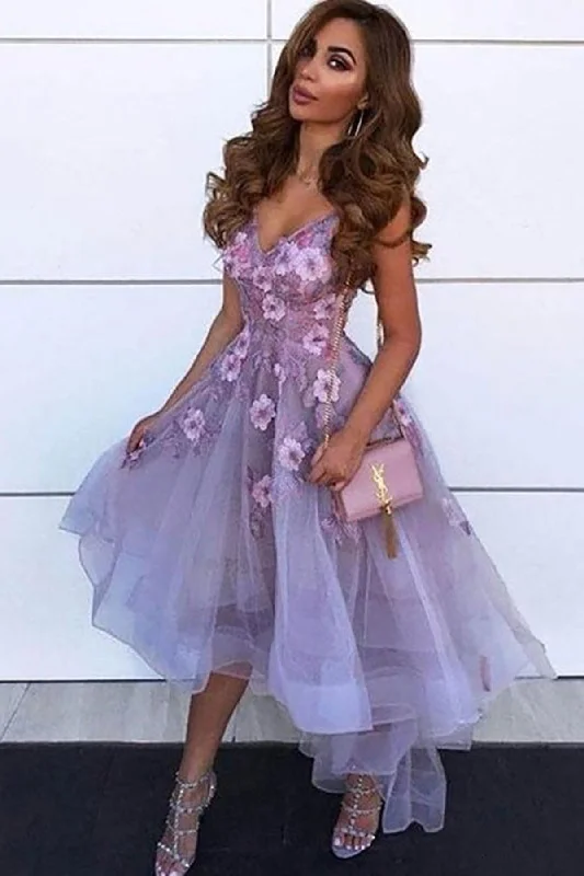 Midnight Blue Gown V Neck High Low Purple Floral Prom Dresses, V Neck Purple Homecoming Dresses, Purple Formal Evening Dresses with Flowers Midnight Blue Gown V Neck High Low Purple Floral Prom Dresses, V Neck Purple Homecoming Dresses, Purple Formal Evening Dresses with Flowers