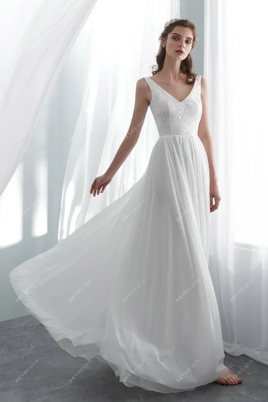 Modest Chiffon Dress V-neck Lace Draping Floor Length Spring Summer Wedding Dress