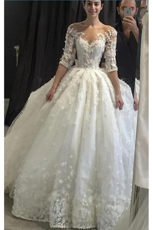Navy Blue Gown Vintage Appliqued Half Sleeve Flowers Ball Gown Luxury Tulle Wedding Dress Navy Blue Gown Vintage Appliqued Half Sleeve Flowers Ball Gown Luxury Tulle Wedding Dress