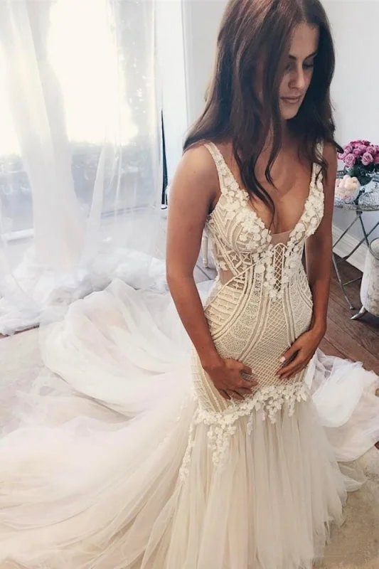 Metallic Formal Dress Vintage Mermaid V Neck Backless Tulle Wedding Dress