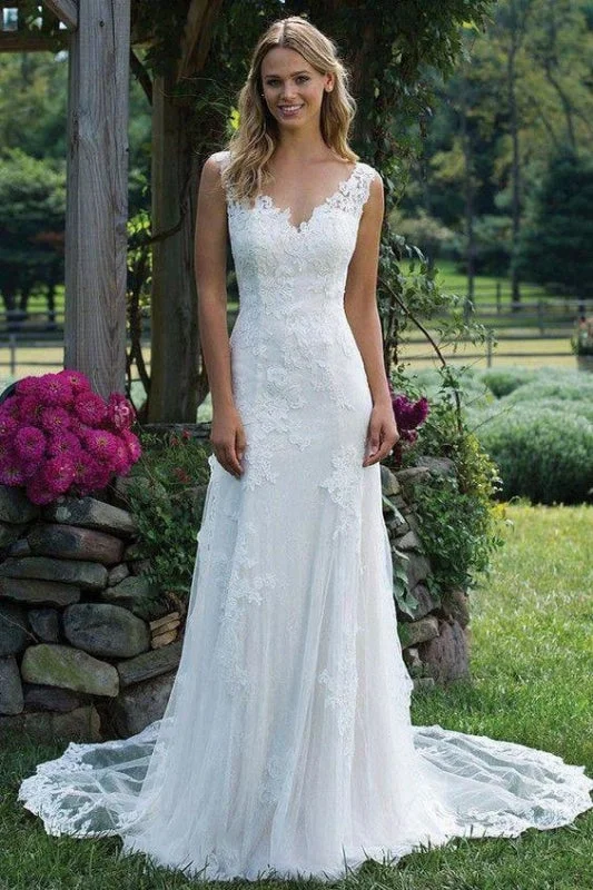 Subtle Shine Dress Vintage V Neck Sleeveless Tulle Appliqued Wedding Dress