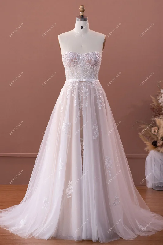 Whimsical Evening Gown Visible Boning Sweetheart Corset Lace A-line Nude Wedding Dress Whimsical Evening Gown Visible Boning Sweetheart Corset Lace A-line Nude Wedding Dress