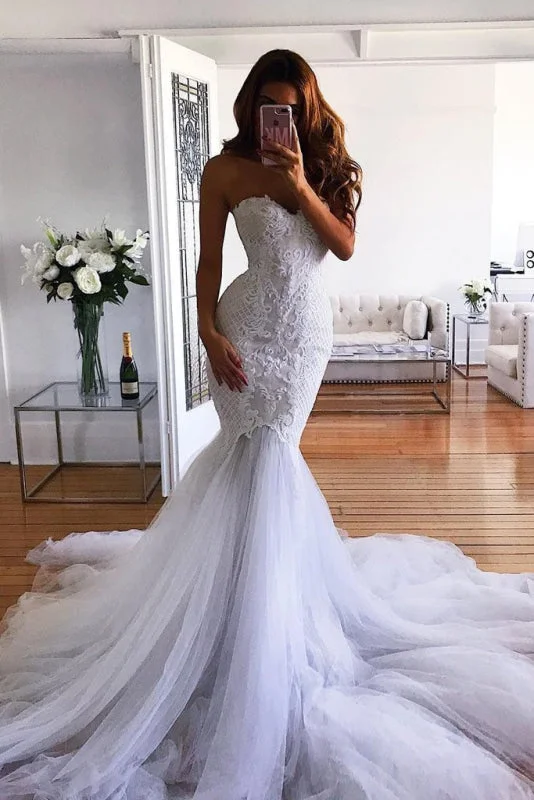 Chic Maxi Dress White Mermaid Sweetheart Sweep Train Tulle Lace Appliqued Wedding Dress Chic Maxi Dress White Mermaid Sweetheart Sweep Train Tulle Lace Appliqued Wedding Dress