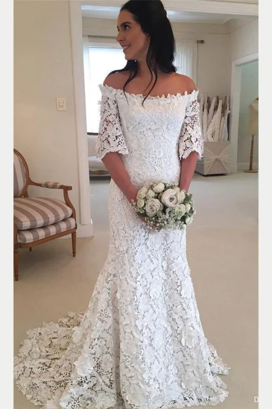 Empire Waist Gown White Off the Shoulder Half Sleeves Sweep Train Lace Wedding Dress