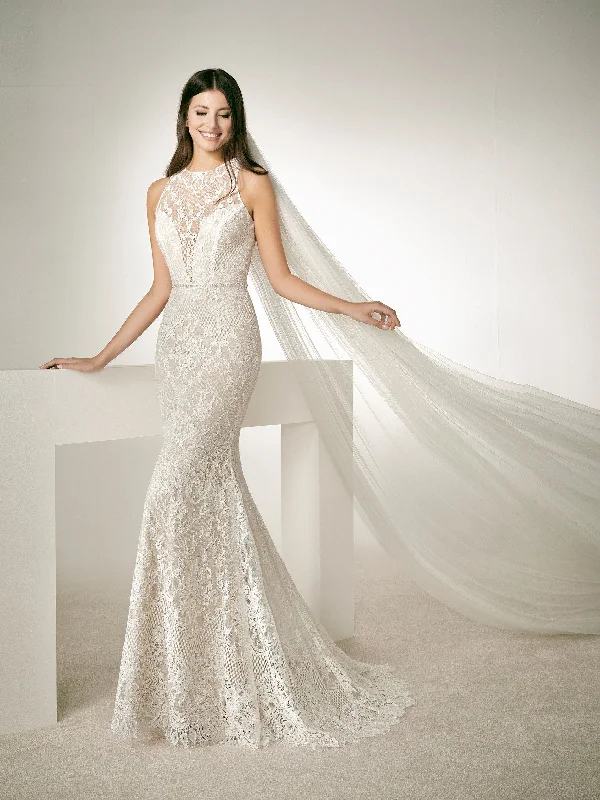 Side Slit Gown White One Bridal RAF Size 8 Lace Mermaid Wedding Dress Sheer high halter neckline sexy
