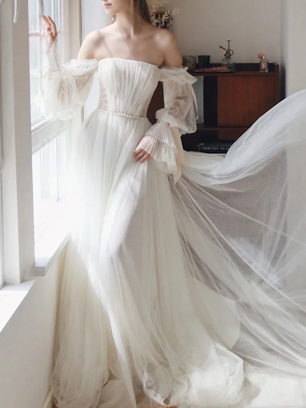 Striking Red Gown White Tulle A line Long Prom Dress, White Formal Dresses