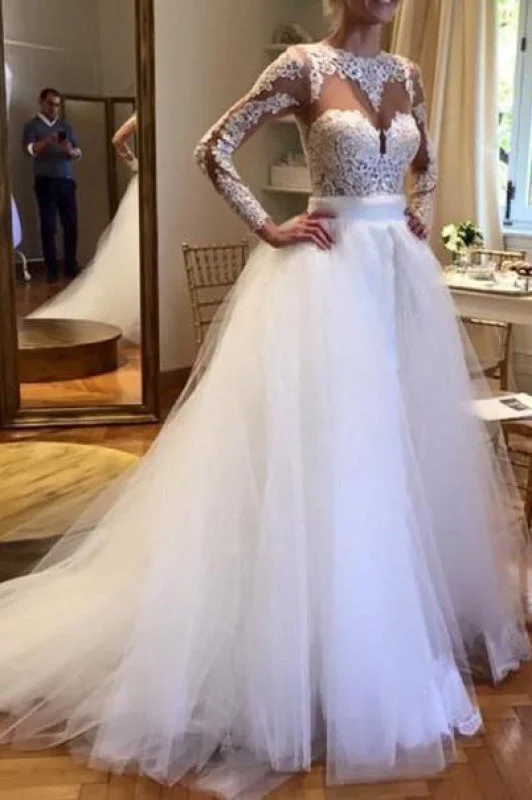 Sophisticated Party Dress White Tulle Crew Neck Sheer Long Sleeve Lace Wedding Dress Sophisticated Party Dress White Tulle Crew Neck Sheer Long Sleeve Lace Wedding Dress