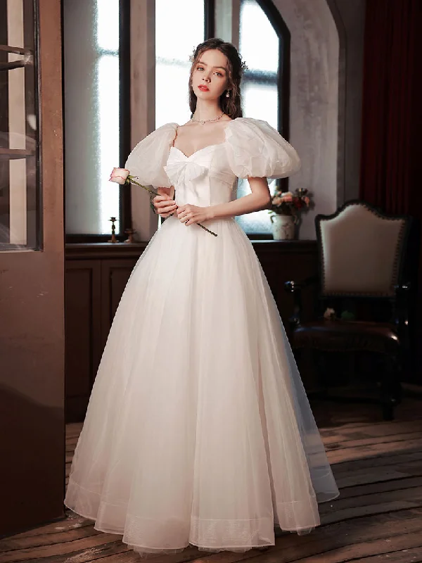 Empire Waist Gown White Tulle Puffy Sleeves Long Prom Dress, White Tulle Sweet 16 Dresses