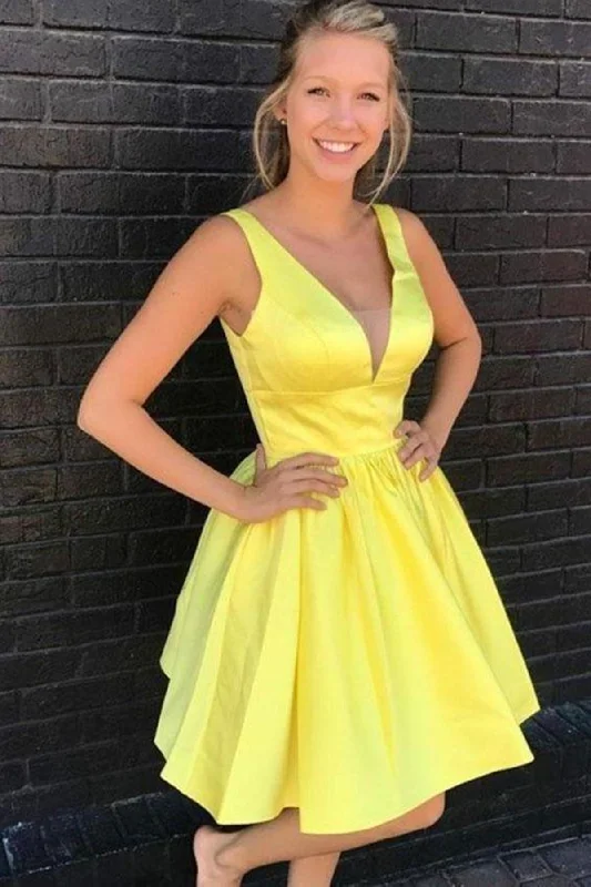 Fashionable Formal Dress Yellow Satin A Line V Neck Short Prom Dresses, V Neck Yellow Homecoming Dresses, Short Yellow Formal Evening Dresses WT1026 Fashionable Formal Dress Yellow Satin A Line V Neck Short Prom Dresses, V Neck Yellow Homecoming Dresses, Short Yellow Formal Evening Dresses WT1026