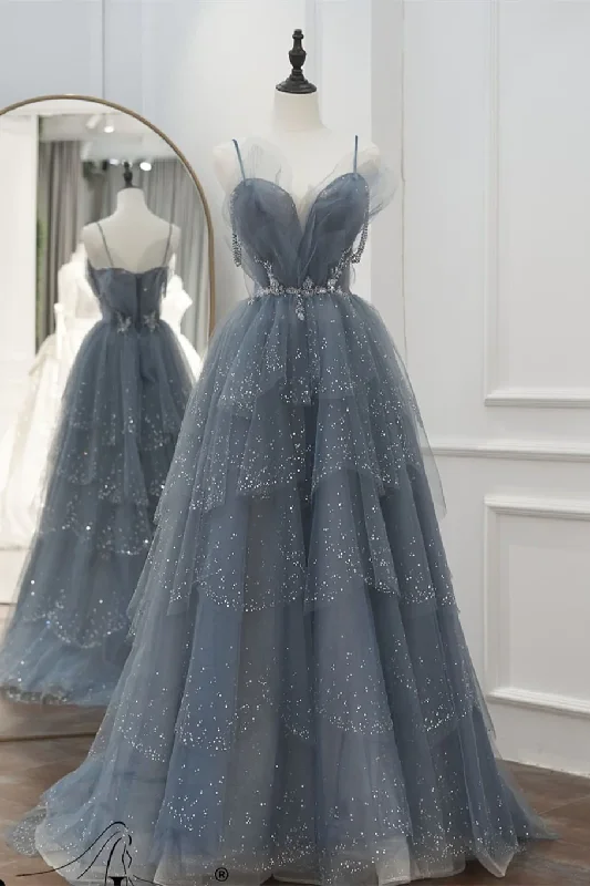 Elegant Tulle Gown A-Line Princess Grey Beaded Long Formal Dress,EQ9649