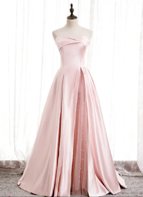 Satin Draped Gown A-Line Satin Strapless Pleats Long Prom Dress,DP24595