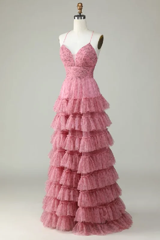 Glittering Evening Gown A-Line Spaghetti Straps Layered Tulle Prom Dress with Floral Printed,DP760