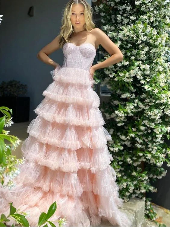 Whimsical Evening Gown Pearl Pink Sweatheart Tulle Tiered Long Prom Dresses,DP755