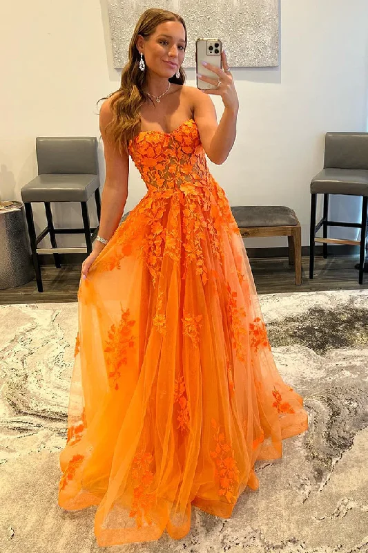 Chic Satin Dress A-line Strapless Orange Lace Appliques Senior Prom Dress,DS5000